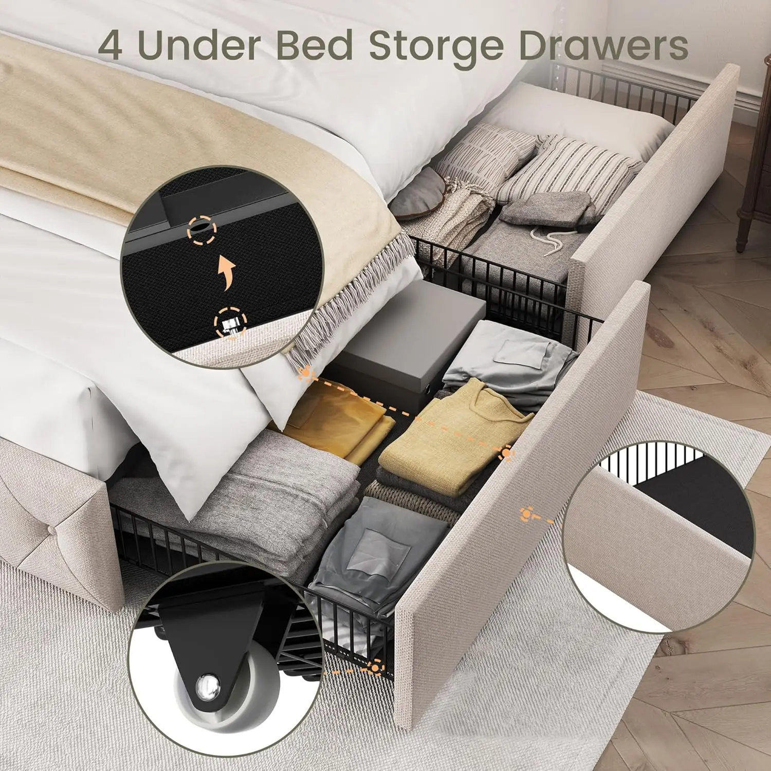 King Size Bed Frame with 4 Storage Drawers and Tufted Headboard Linen Upholstered Platform Bed Frame