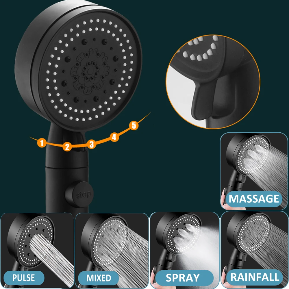 Shower Head Five-Speed Adjustable Large Water Spray Multi-Function Supercharged Water Saving Shower Head Black Silver Shower Single Head