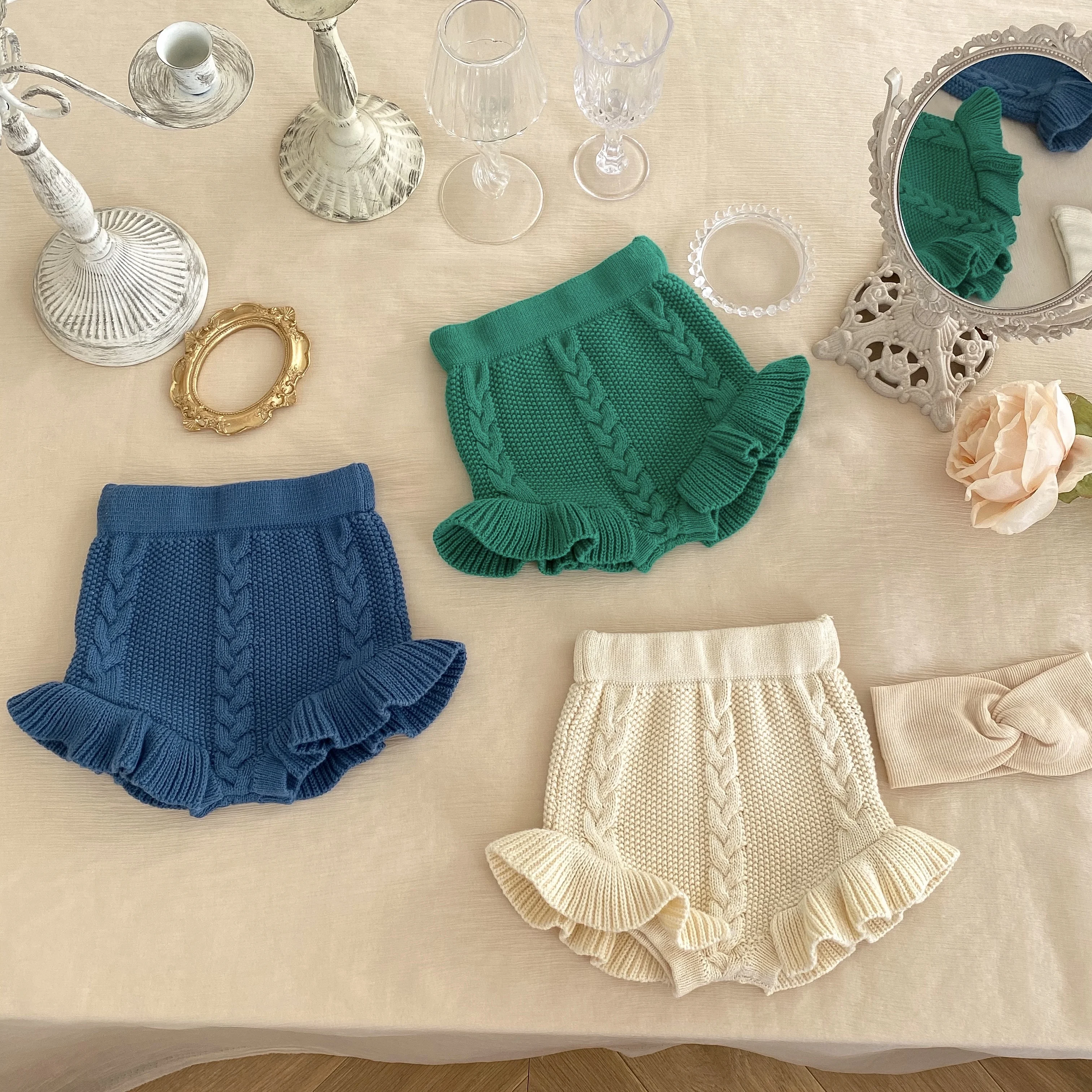 Kids Shorts Fall Kids Girl Knitting Shorts Bloomers Lattice Flower Bud Pants Toddler Princess PP Shorts Ruffle Edge
