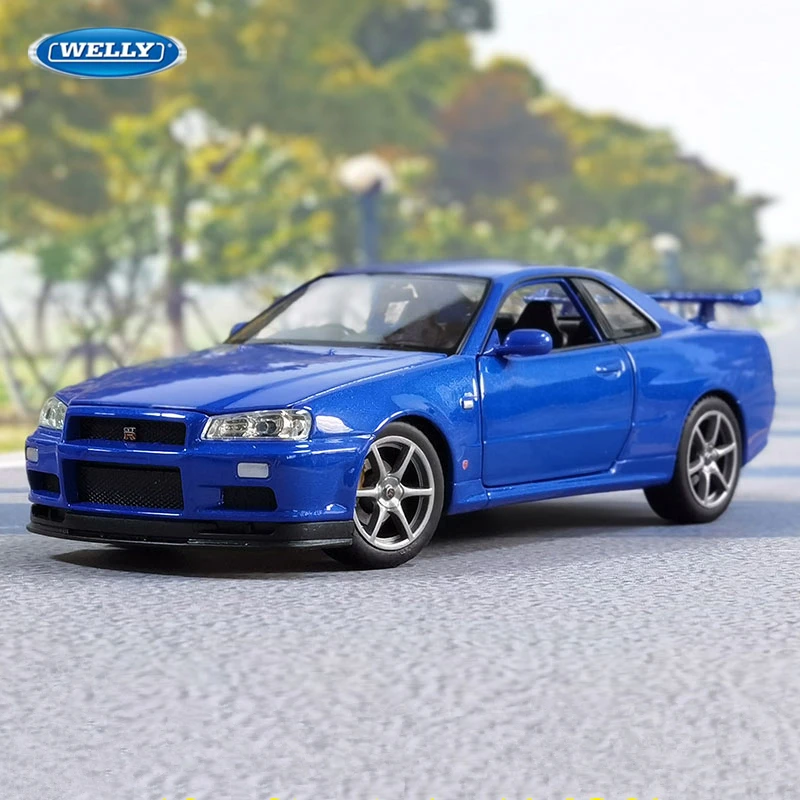 Welly 1:24 닛산 스카이라인 GTR R34 합금 스포츠카 모델 시뮬레이션 다이캐스트 금속 장난감, 레이싱 카 모델 컬렉션, 어린이 선물