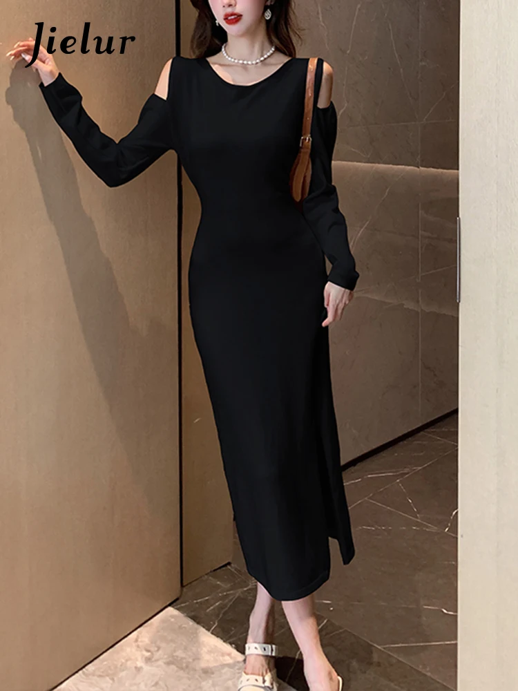 

Jielur Осеннее новое французское платье с разрезом сексуальное облегающее платье с длинным рукавом, красивое женское платье черного и абрикосового цвета с круглым вырезом милое женское платье
