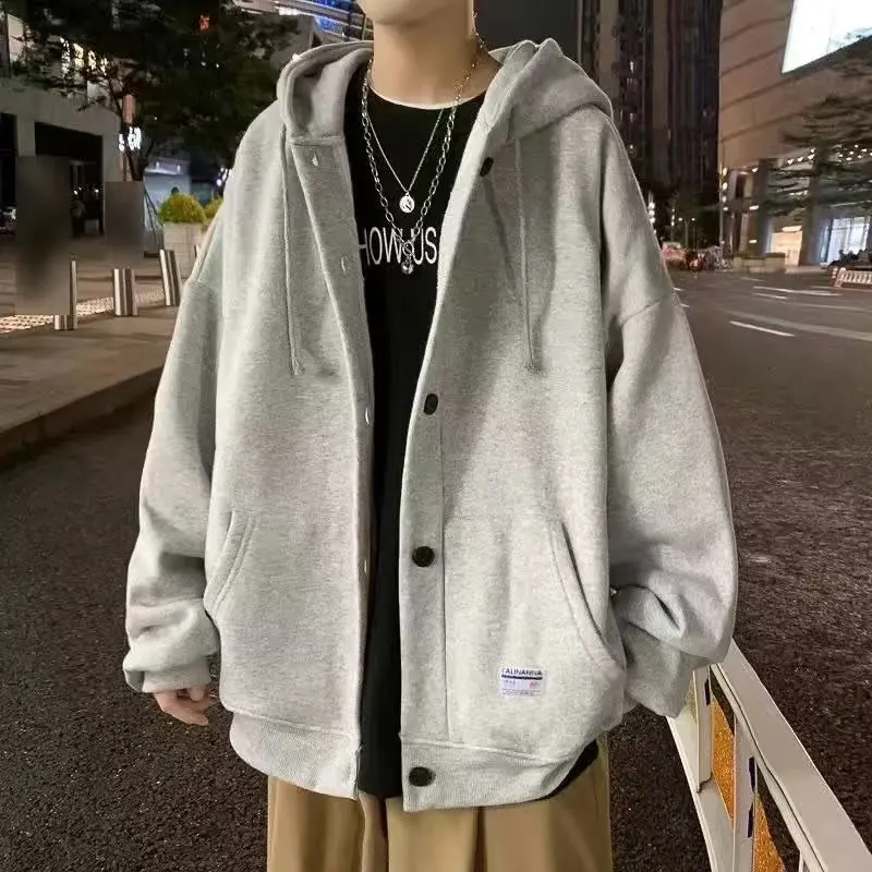 Autumn Korean Sweatshirts for Men Casual Zip Up Hoodies Loose Coat Street Thick Warm Fashion Hip Hop Cardigans Hooded Jacket
