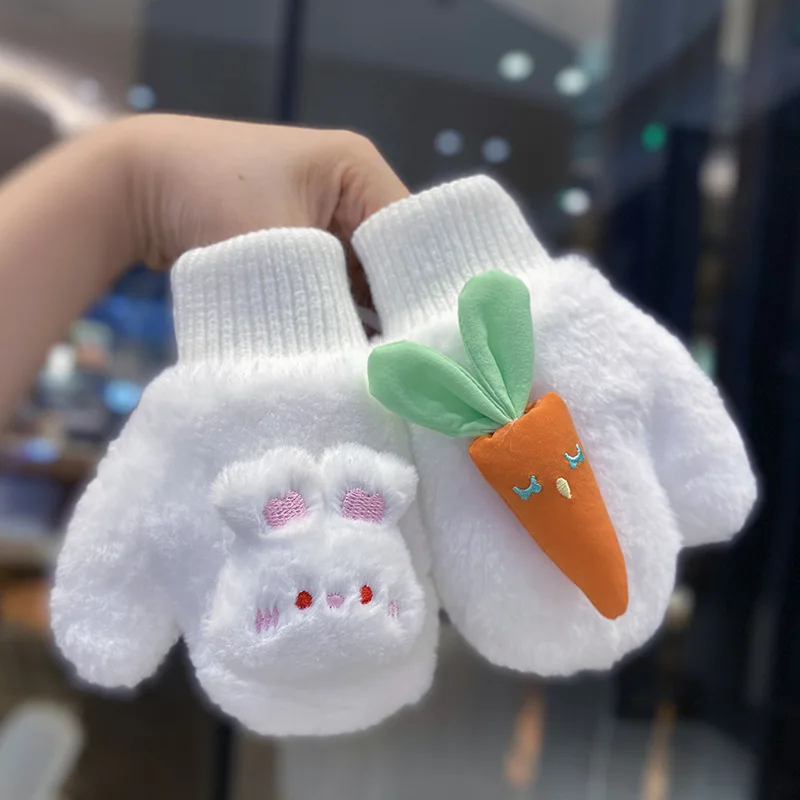 3 Colors Girls Warm Plush Thick Baby Gloves Winter Plus Coral Fleece Full Finger Gloves Cartoon Bunny Gloves for Kids 1-4Y 3