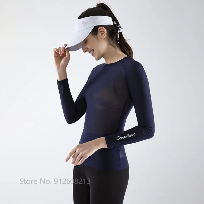 Women Tops Women Golf Polo Shirt Swan Love Golf Women Tops Sports T-shirt Ladies Sun Protected Ice Silk Golf Shirt Skinny Cooling Underwear Anti-UV Slim Tops
