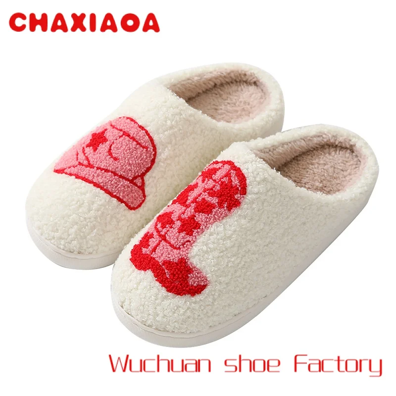 

Winter warm home cute pink cowboy boot hat pattern fuzzy slippers for woman