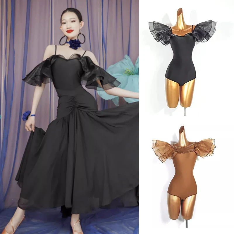 

Women Ballroom Dance Costume Off-Shoulder Tops Black Skirt Waltz Social Latin Dancing Performance Wear Practice Clothes VDB7180