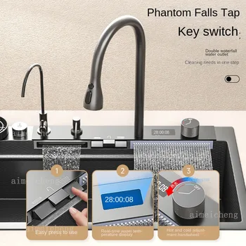 สแตนเลสน้ําตกอ่างล้างจานนูนขนาดใหญ่ SINGLE SLOT ในครัวเรือนผักอ่างล้างหน้าล้างจานซิงค์ด้านซ้ายระบายน้ํา 2