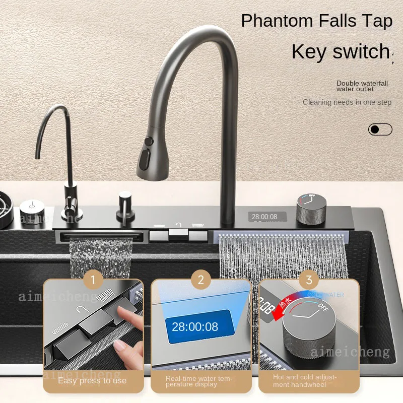 SUS304 stainless steel Feiyu Waterfall  large vegetable household handmade kitchen sink Left Side Drainage 2