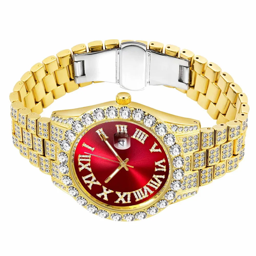 Full Iced Out Watch Mens Cuban Link Chain Bracelet Bling Jewelry Set 2pcs for Men Big Gold Chains Hip Hop Men Watch Set with Box