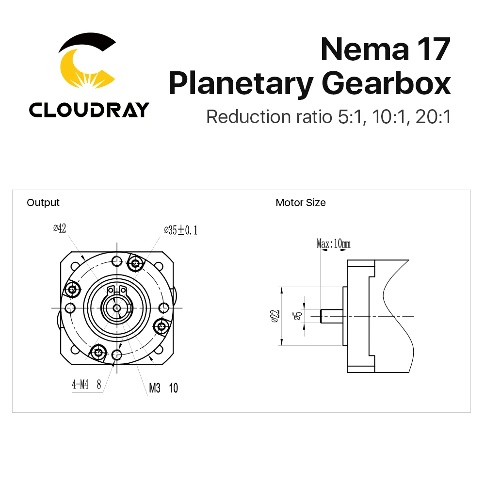 Cloudray Nema17 Planetary Gearbox Motor Speed Reducer with Ratio 5:1 10:1 20:1 5mm Input for Nema17 Stepper Motor planetary reducer