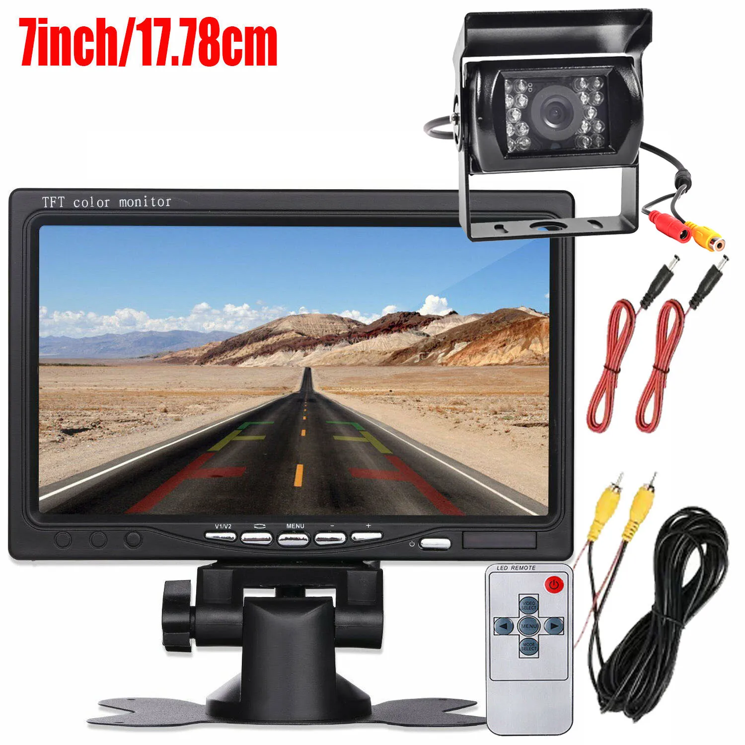 자동차 TFT LCD 스크린 모니터, 후진 백업 카메라 키트, 트럭, 버스, RV, 트레일러, 트랙터, 캠핑카용, 10m 케이블 포함, 7 인치