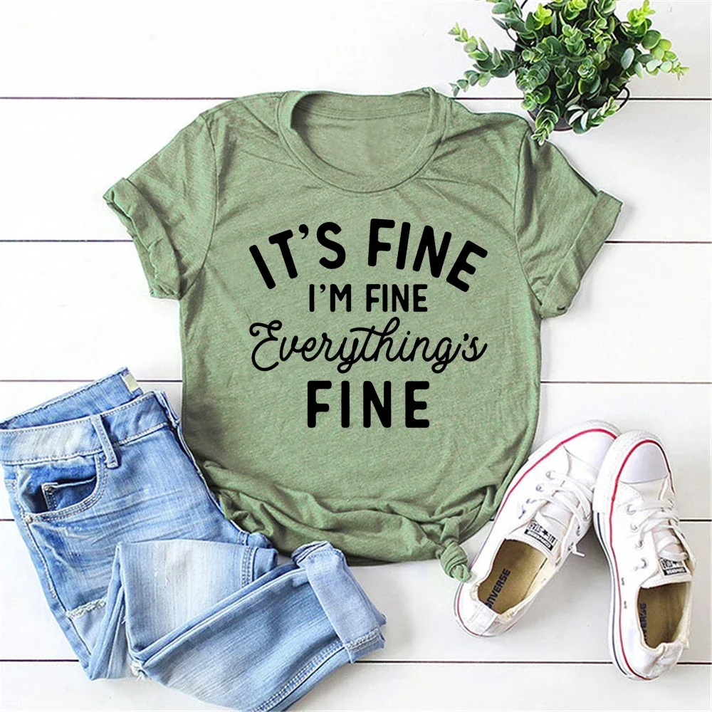

Funny Sayings Graphic Tee Casual Tops Workout Tumblr Tee Women Motivational Shirt It's Fine I'm Fine Everything Is Fine T-Shirt