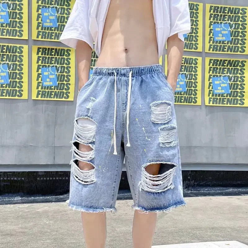 New Hot Sale Of The Season Men's Denim Shorts Five-Quarter Length Beachwear Torn Faded Elastic Casual Summer Shorts for Couples