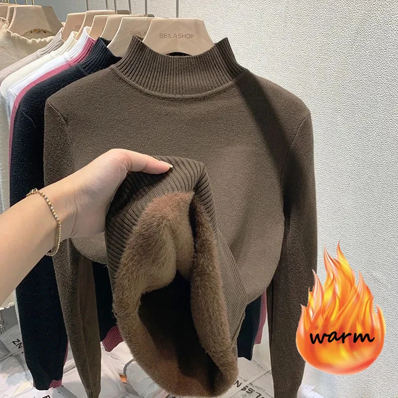 

2023 New Turtleneck Slim Thicken Plus Velvet Sweater Womans Winter Thicken Velvet Lined Warm Knitted Basic Tops Knitwear Jumper