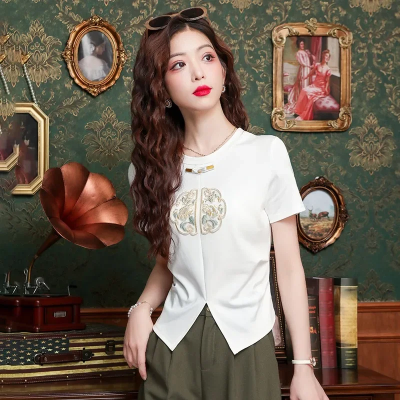 

Chinese Style Women's T-shirt Summer New Embroidery Vintage Tees Short Sleeve Slim Women Tops Cotton O-neck Clothing YCMYUNYAN