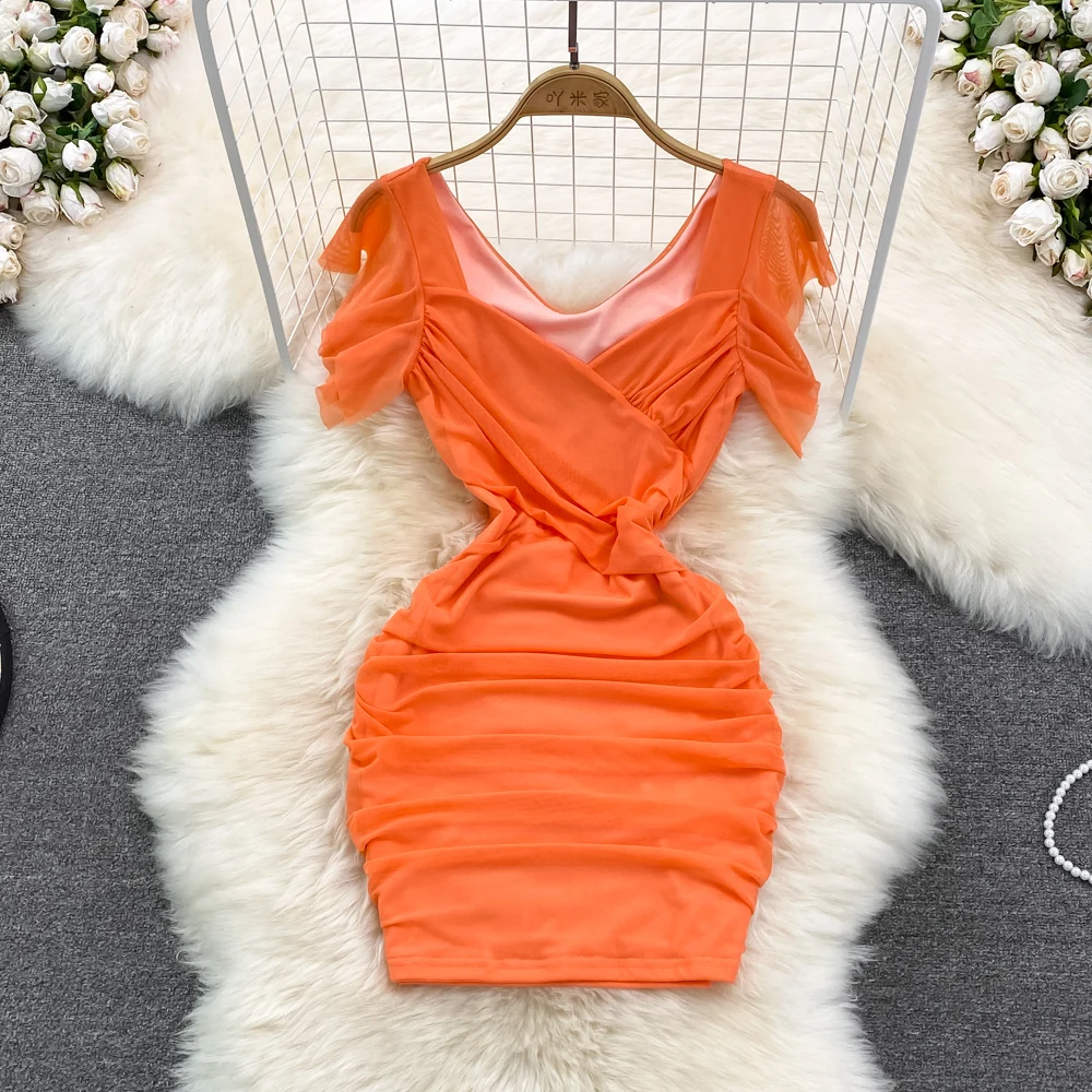 

2022 Spring New Temperament Sexy V-neck Long-sleeved Slim Fit Pleated Short Mesh Gauze Hip Dress