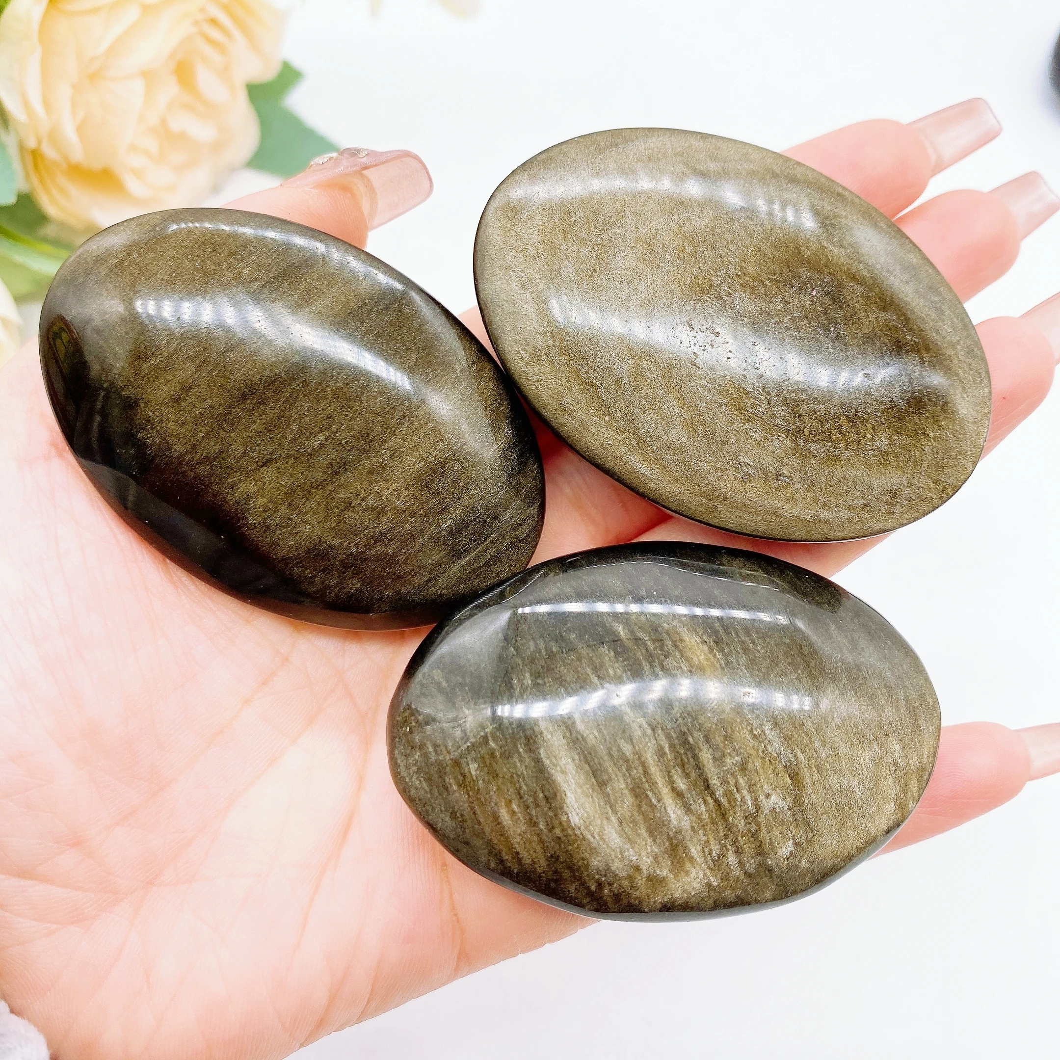 Natural Crystal Gem Gold Obsidian Palm Stone Thumb Toy Hot Compress Crafts Healing Health Family message tool Home Decor Gift decorative stones healing stones