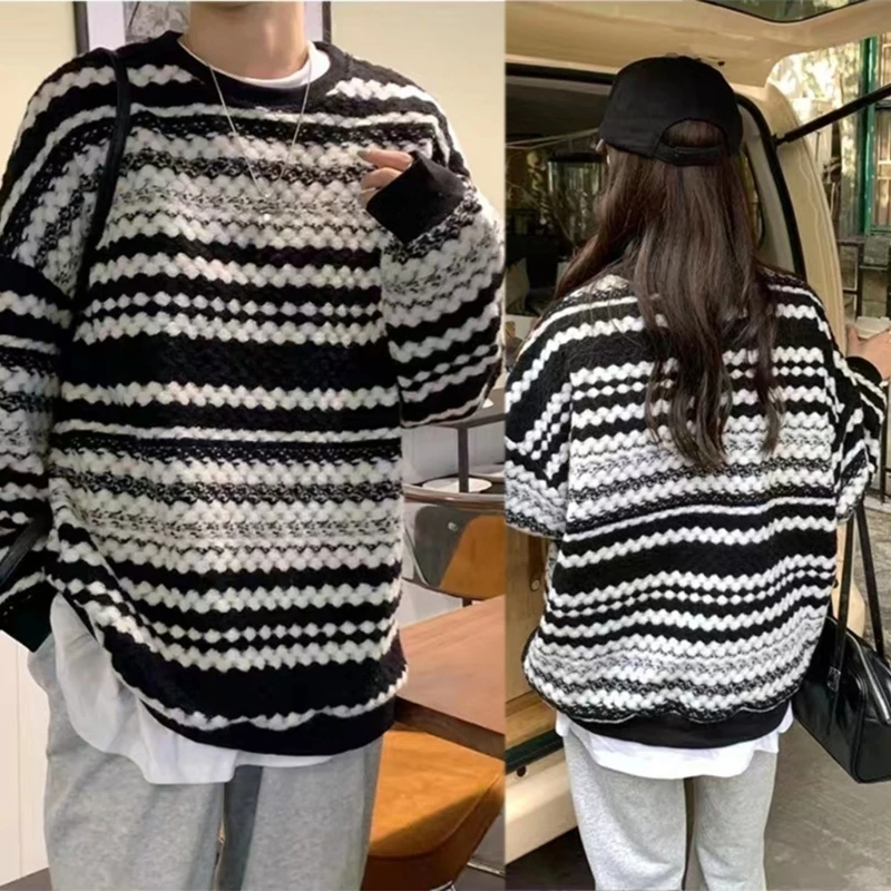 

MXMA Women Black White Striped Oversized Jumper Top Long Sleeve Sweater Streetwear