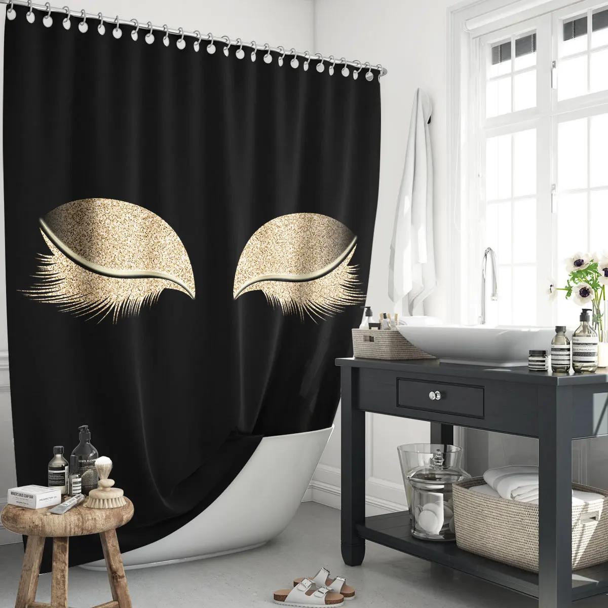 

Girls Gold Eyelash Makeup Shower Curtain Bath Curtain Set Spark Rose Drip Bathroom Curtain Eye Lash Beauty Salon Art Home Decor