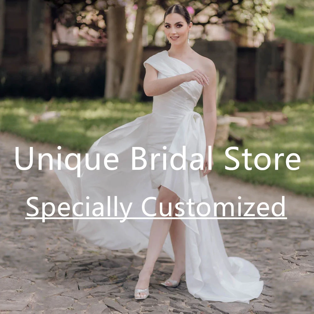 Abito Da Sposa Corto Classico Monospalla Senza Maniche Con Fiocco Drappeggiato Taffetà Vestido De Novia Con Tren Smontable Noiva