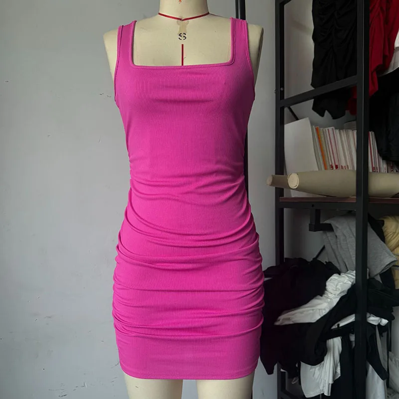 Sexy Tight Strap Mini Dress 2026 New Summer Bodycon Club Party Dresses Female Solid Color Basic Slim Sleeveless Beach Dress