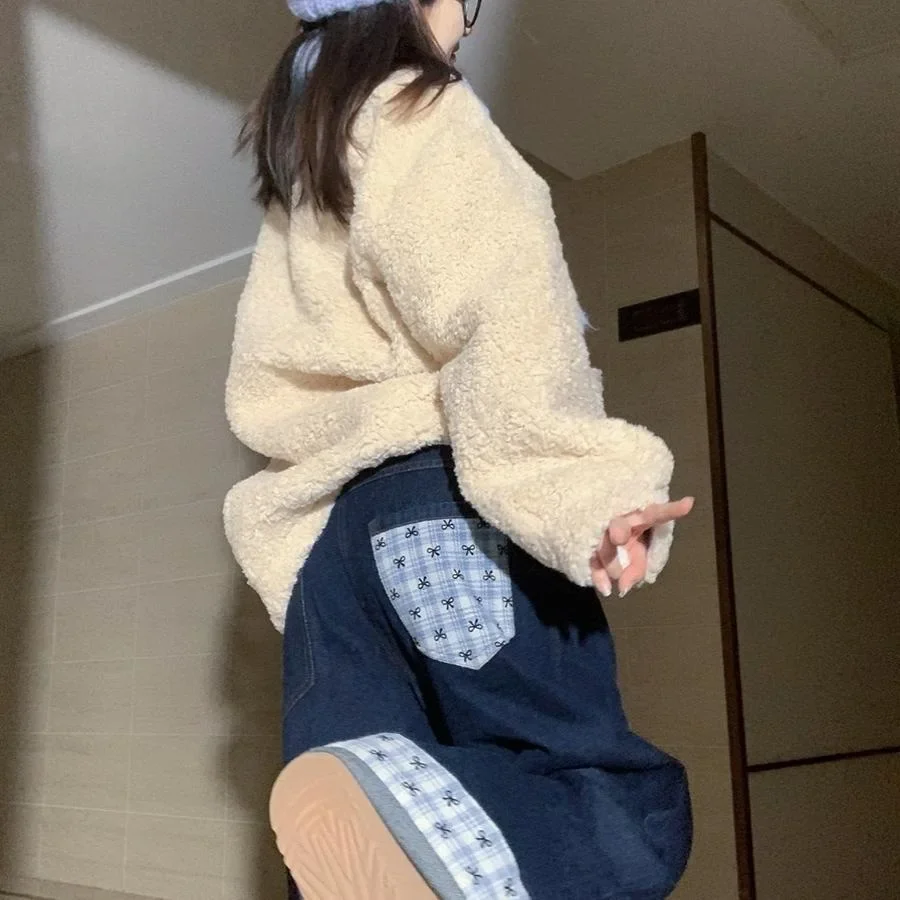 American Retro Plaid Splicing Jeans Women Loose Wide Leg Pants Spring Season Small Audience Butterfly Knot Long Pants - Image 3