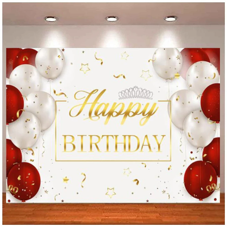 

Gold Happy Birthday Party Photography Backdrop Red White Balloons Silver Crown Background Birthday Decorations Cake Table Banner