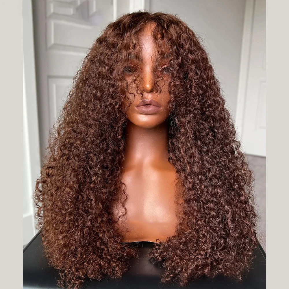 

180%Density Glueless Brown 26Inch Long Kinky Curly With Bangs Preplucked Lace Front Wig For Black Women With BabyHair Daily Wear