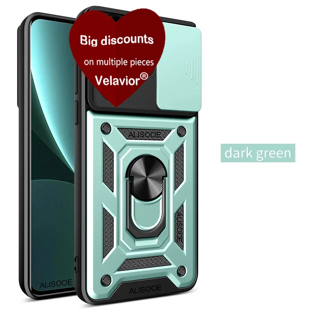 Durable Phone Case with Slide Lens Cover, Rotating Ring, and Shockproof Stand Holder