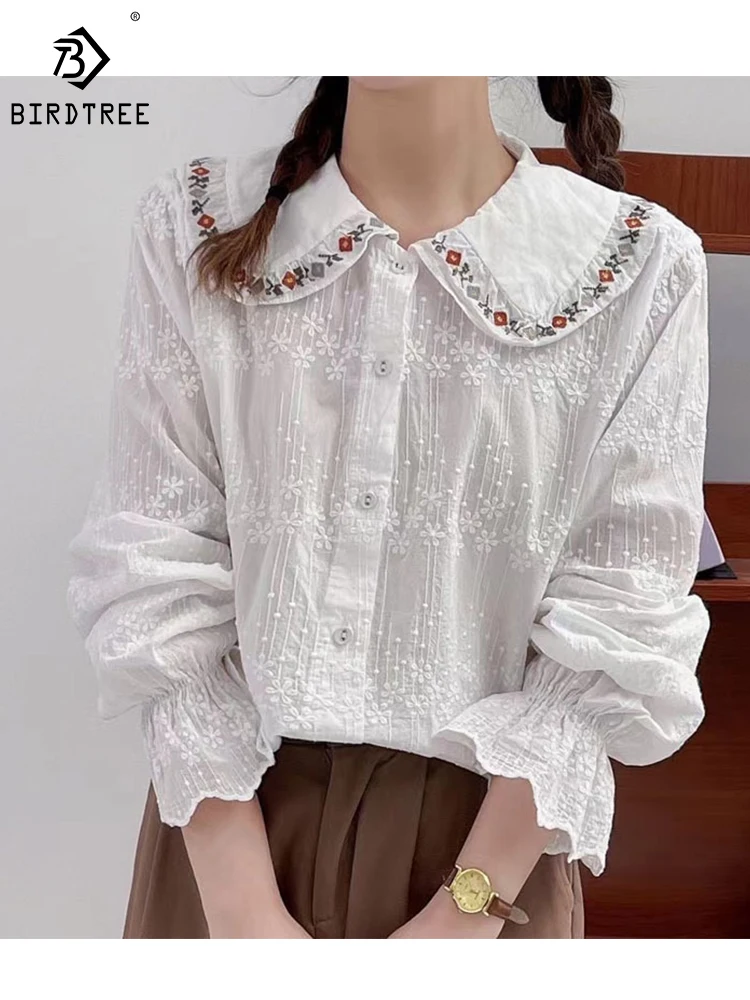 

2023 Autumn New Shirt Mori Women's Sweet Doll Collar Embroidery Loose Jacquard Cotton Linen Long-Sleeved Casual Blouse T39428QD