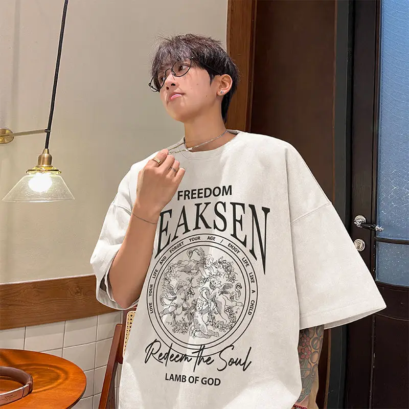 

Imitation suede short sleeved t shirt men summer style retro cityboy heavy handsome trendy brand loose half-sleeved T-shirt y2k