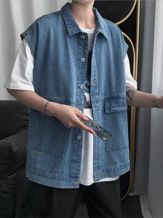 

New Men's Denim Vest Fashion Casual Classic Style Loose Waistcoat Vest Jean Jacket Coat Male Blue Black Sleeveless Jacket