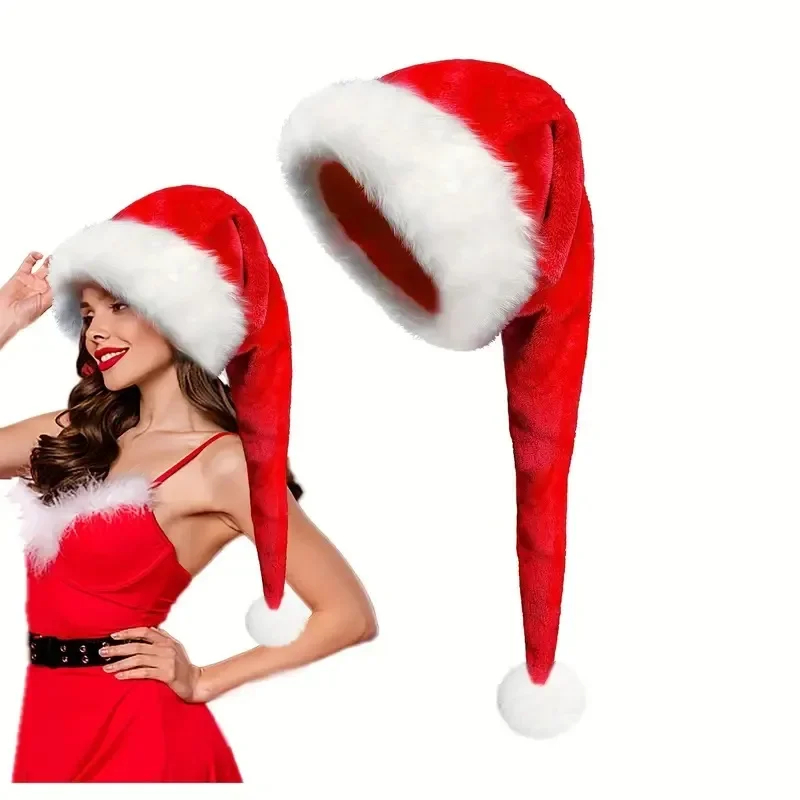 Long Christmas Plush Hat Black Red Santa Claus Unisex Hat Adult Xmas Decoration New Year Home Kids Gift Navidad Party Supplies 2