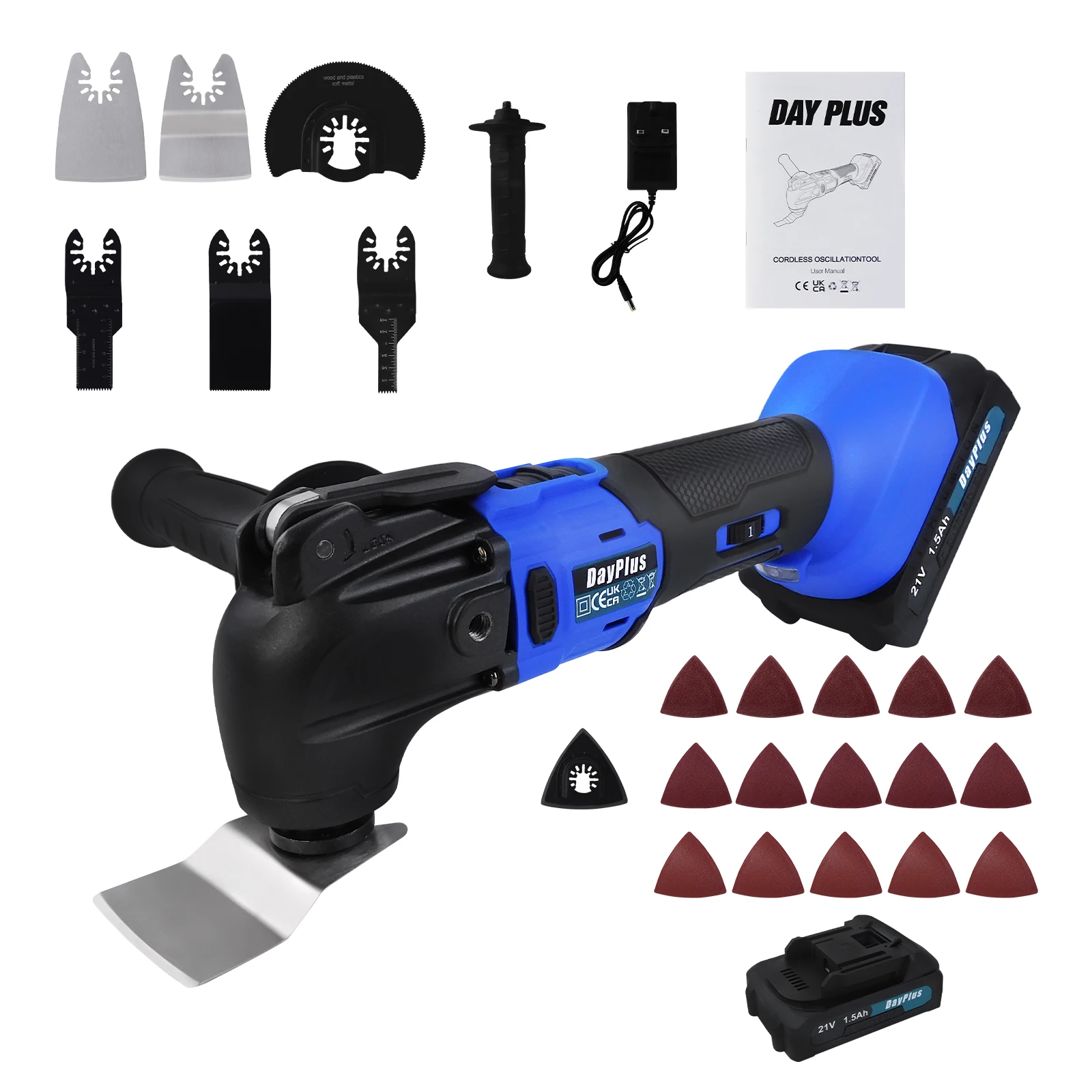 300W Cordless Oscillating Tool, Brushless Motor, 21V 1.5AH Battery, 20000RPM, Oscillating Angle:4°, 6 Variable Speed