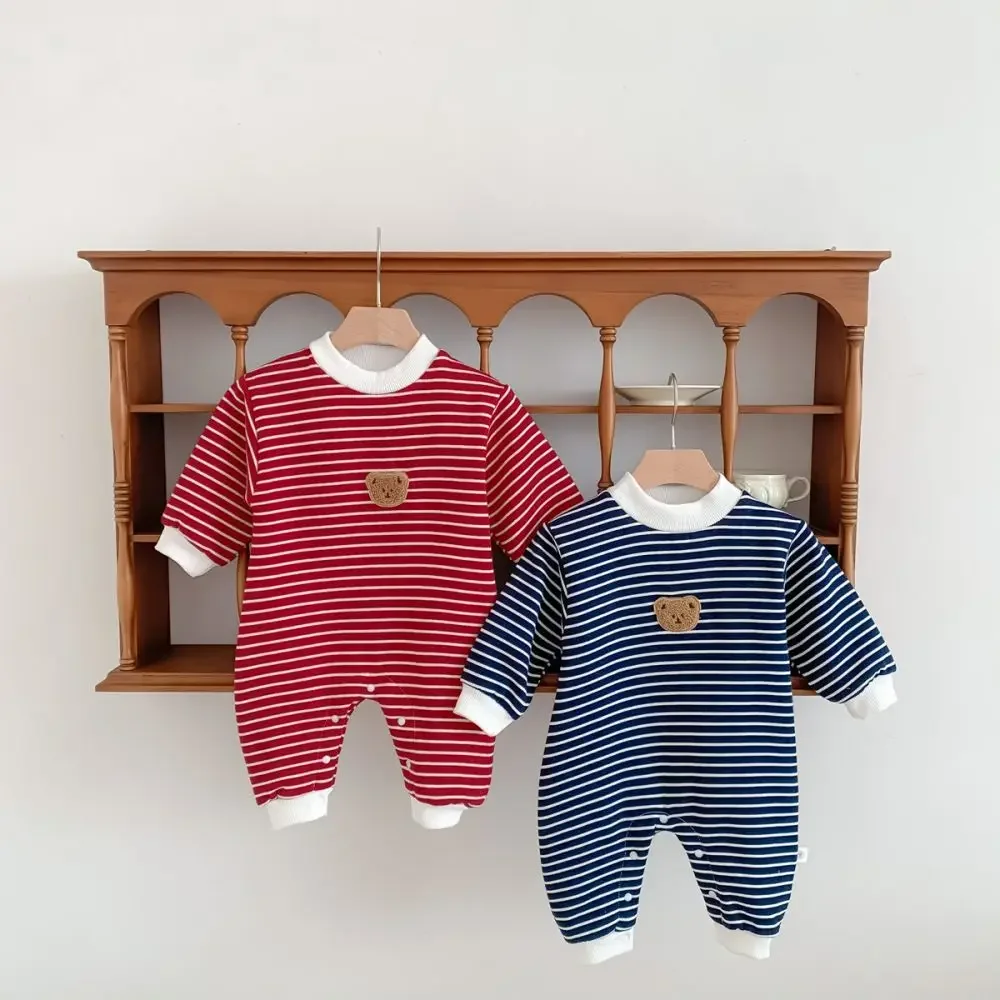 

2023 Infant Cotton Romper Baby Boy Cartoon Stripe Jumpsuit Newborn Long Sleeve Cute Bear Romper Toddler Girl Clothes for 0-3Y