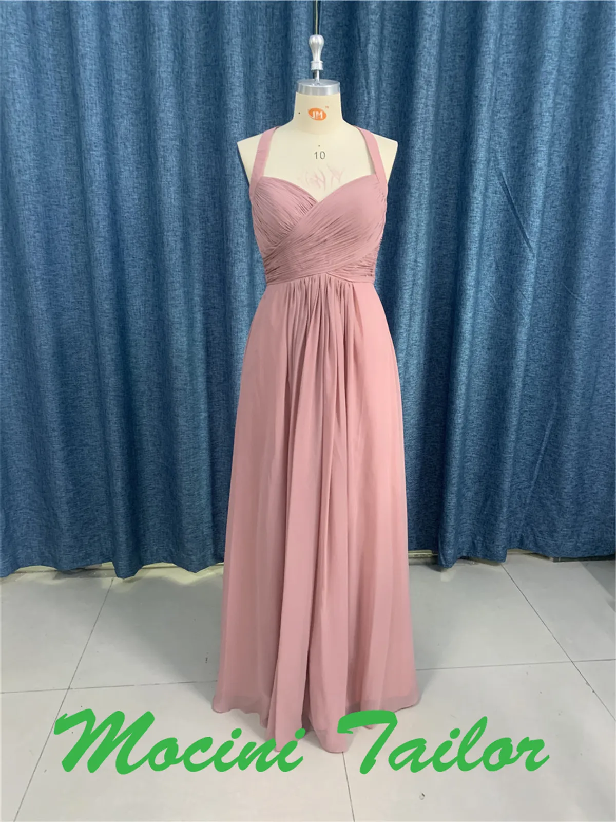 

2024 Dusty Pink Color Chiffon V-neck Sleeveless Pleats Cross Shoulder Not In Full Size Bridesmaid Dress Luckgirls Mocini Tailor