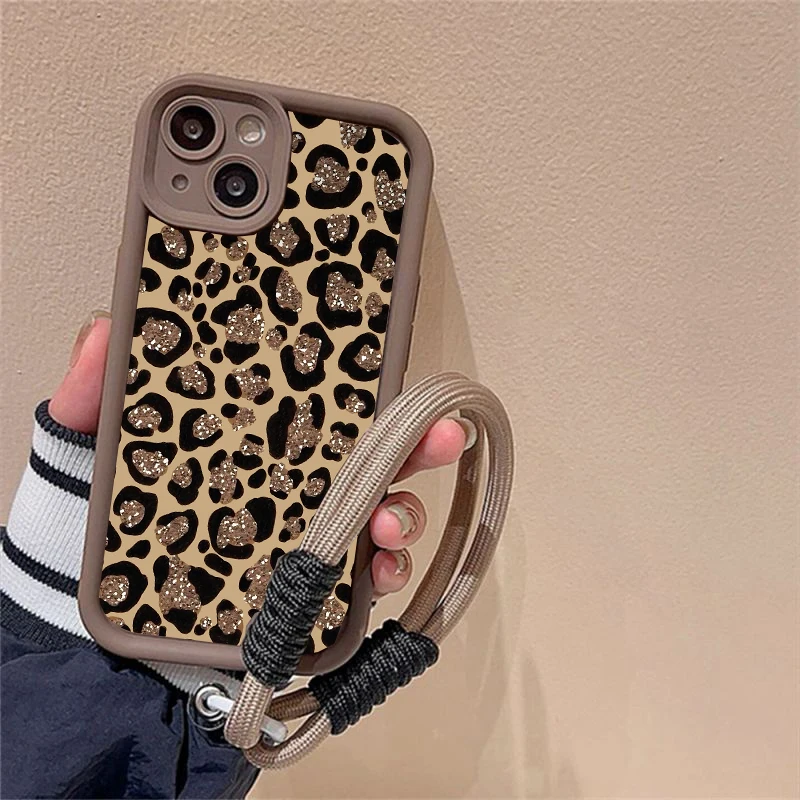 Brown Leopard Print Silicone Wrist Lanyard Phone Case