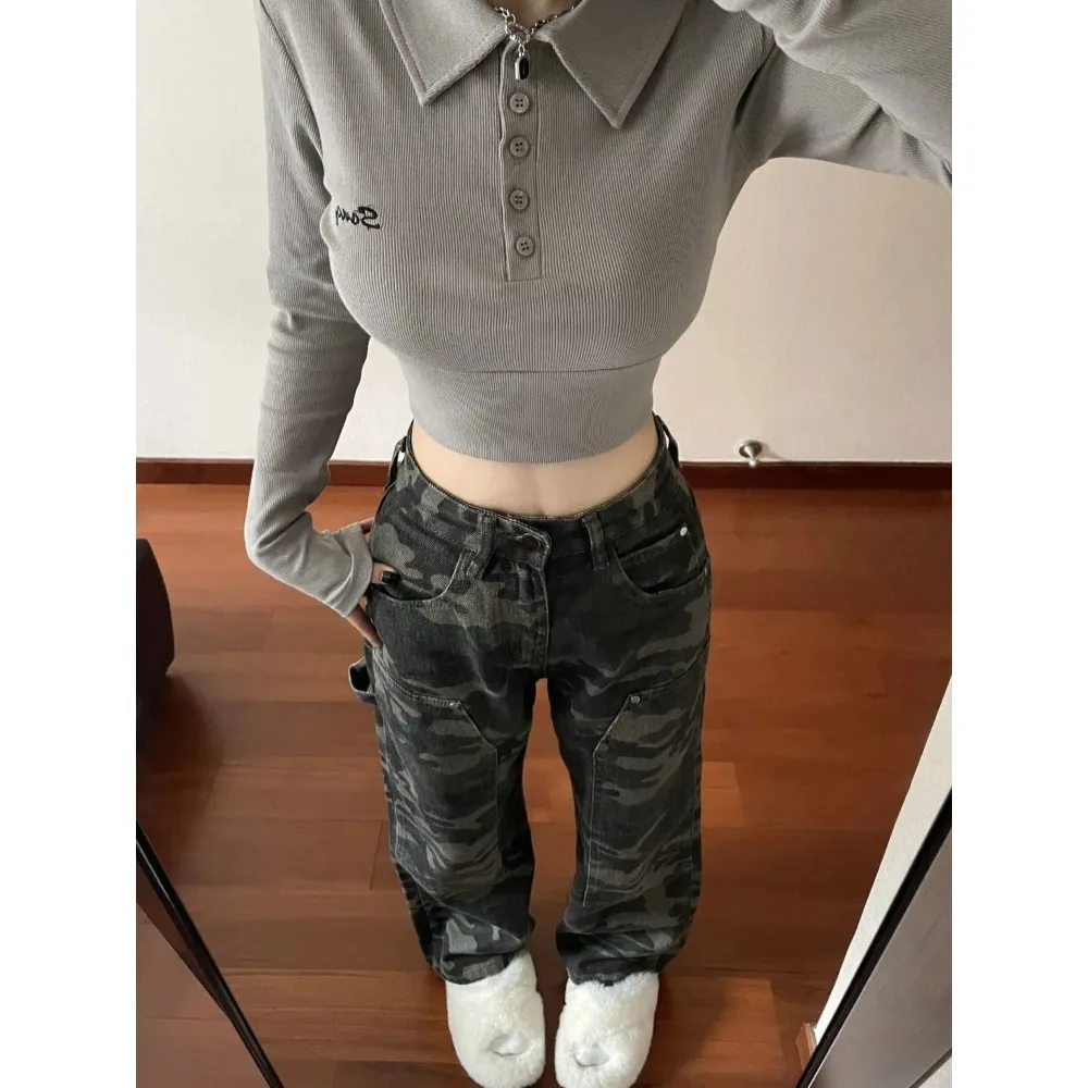 Wide Leg Jeans Invisible Open Crotch Outdoor Sex Ms Mopping The Floor Trousers Camouflage High Street Pants Loose