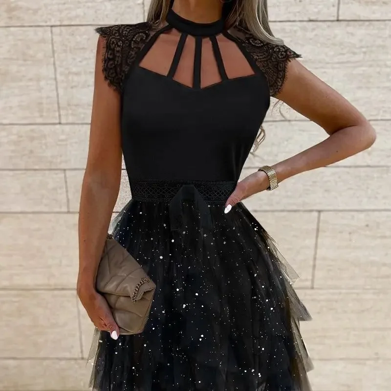

2024 модное женское черное темпераментное платье миди с шарфом и воротником пикантные женские блестящие короткие юбки прозрачные сетчатые платья женская одежда