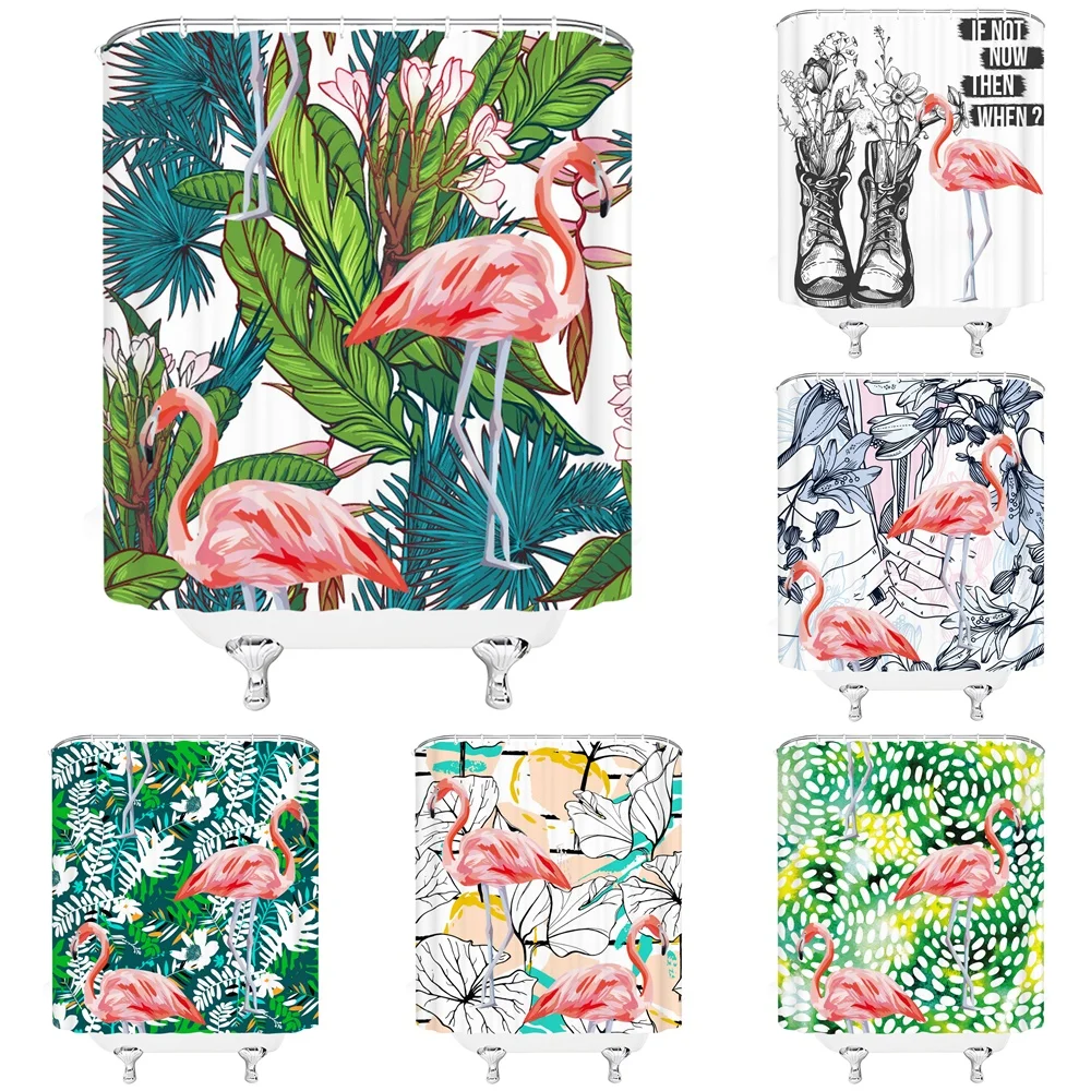 

Tropical Animals Flamingo Shower Curtains Bathroom Decor Frabic Watercolor Plant Flowers Waterproof Polyester Bath Curtain Home