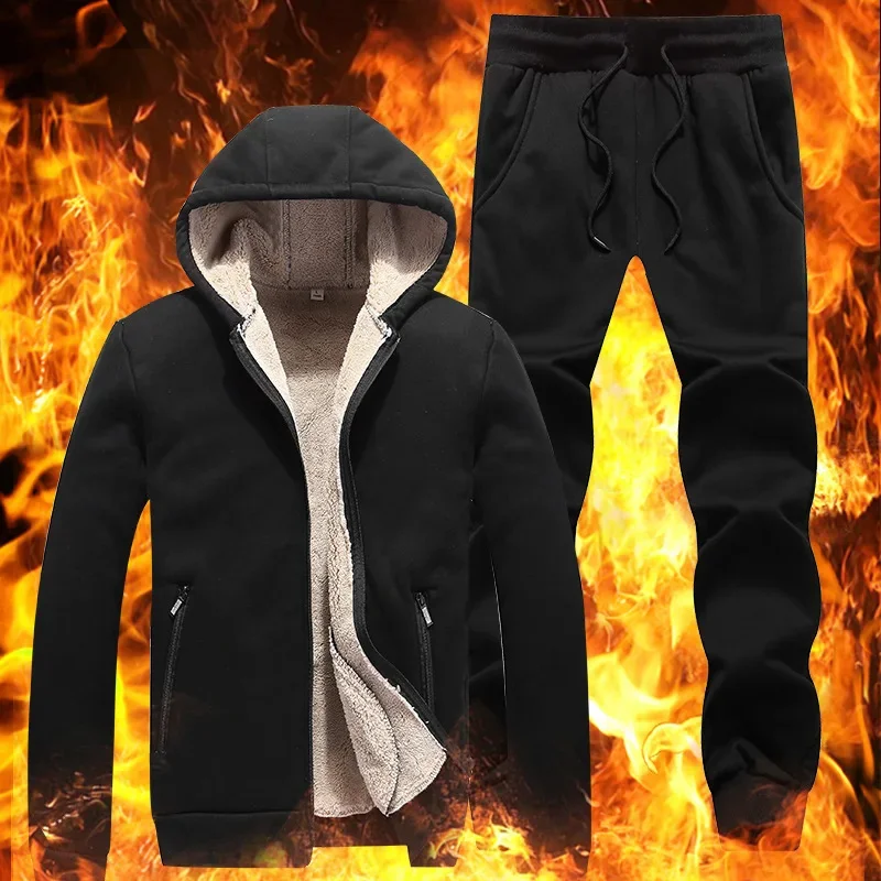 

New Men's Hoodies Sweatshirt+Sweatpants Suit Autumn Winter Warm Sportswear Sets Men HoodieWinter Thicken Hoodie Lamb cashmere