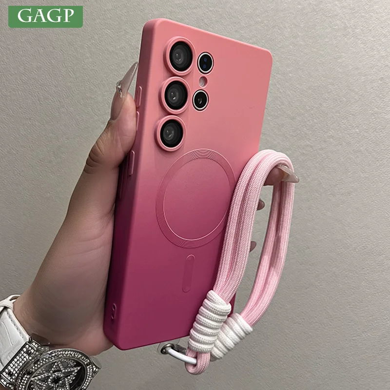Gradient Color Magnetic Magsafe Case with Wrist Strap - Liquid Silicone Soft Cover