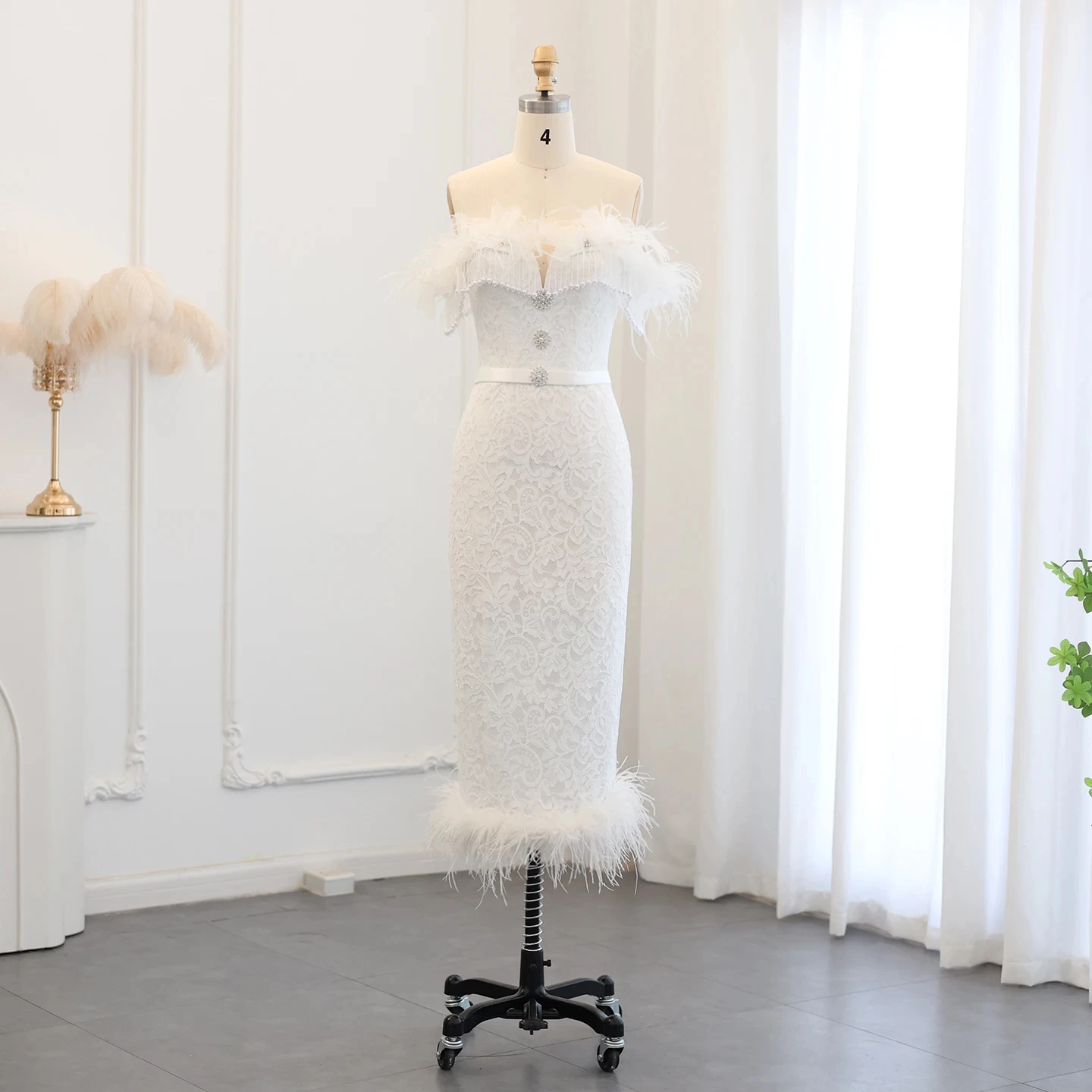 

Jancember Feathers White Lace Short Evening Dress for Women Wedding Party Elegant Tassel Bridal Engagement Gowns SZ523