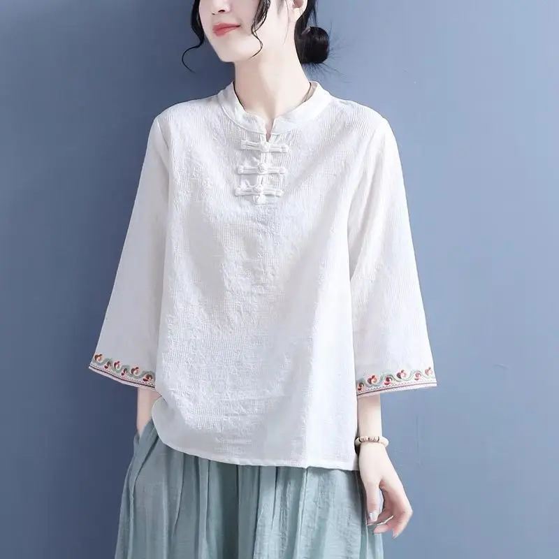 Cheongsam Women's Plus Size Tops Summer Cotton Blend Splicing Embroidery Stand Collar Chinese Style Qipao Shirts Woman
