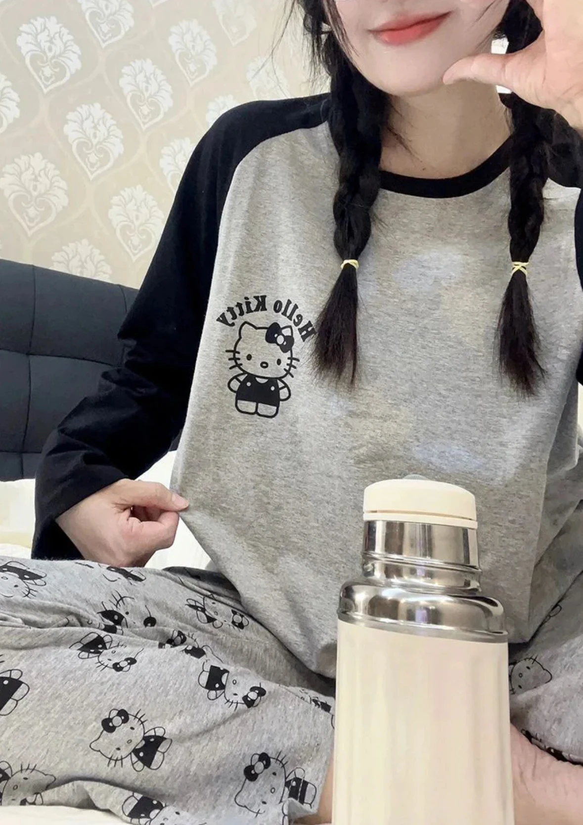 캐주얼 헬로 키티 용수철 긴팔 잠옷 세트, 블랙 그레이 컬러, 긴 잠옷 세트, 겨울 따뜻한 홈웨어 잠옷, 가을 신상
