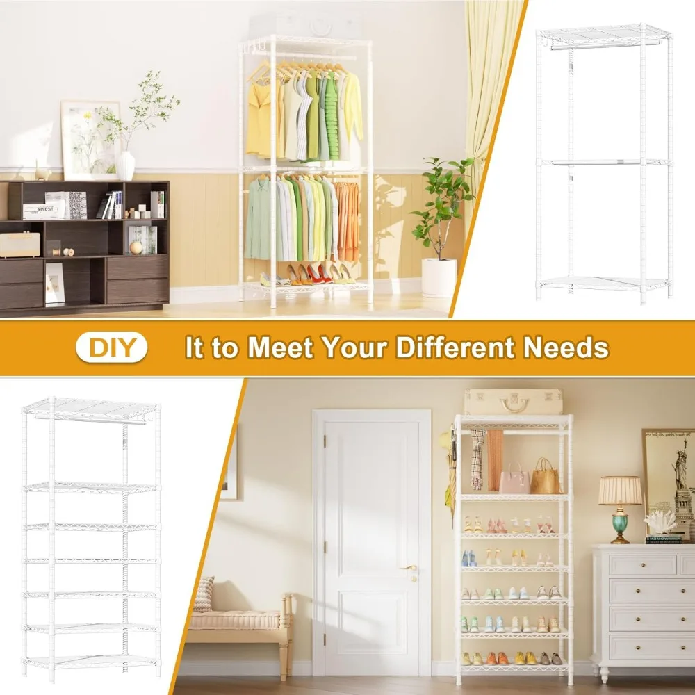 Sturdy Freestanding Closet Organizer with Adjustable Hanging Rack, 63 Wide x 16 Deep