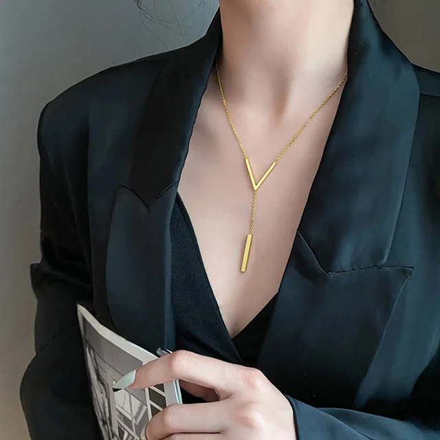 SUMENG New V-shaped Long Sexy Clavicle Gold Colour Chain Necklace Choker for Women 2024 Fashion Jewelry Party Gifts 3