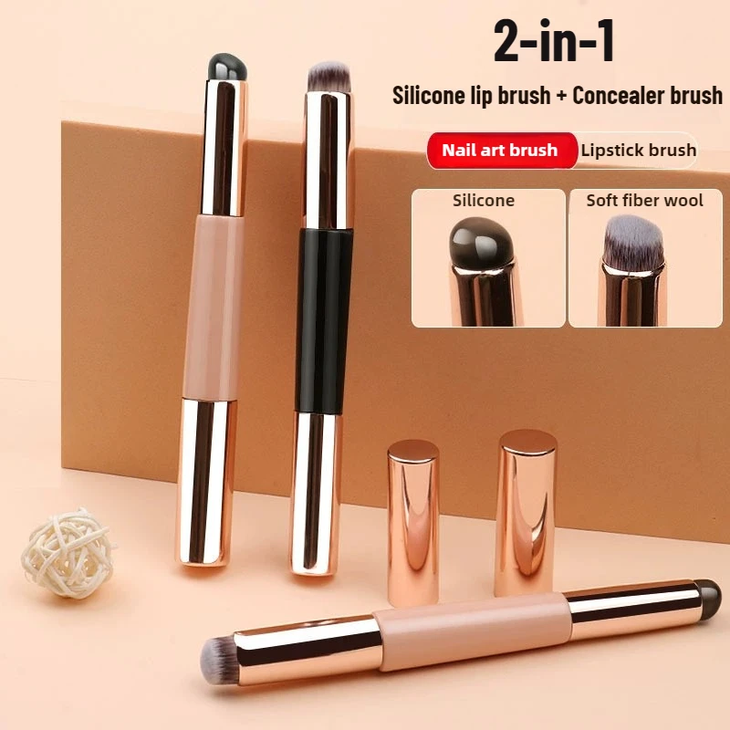 2 In 1 Silicone Lip Brush Concealer Brush Wooden Handle Lipstick Lip Balm Applicator with Cap Travel Makeup Brush Beauty Tools 2