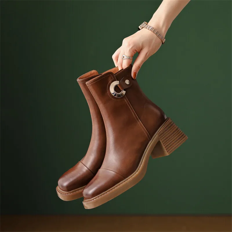 

2022 New Autumn/Winter Vintage Short Boots Split Leather Square Toe Chunky Heel Women Boots Side Zip Work Boots Shoes for Women