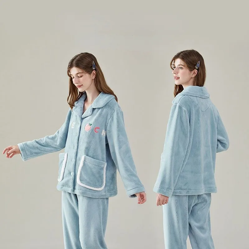 2024 New Pajama Women Winter Nightwear Coral Velvet Loungewear Plus Velvet Warm Sleepwear Autumn Flannel  V-neck Homewear Suit